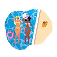 Pareja interracial de chicas con bañadores flotando en la piscina. vector