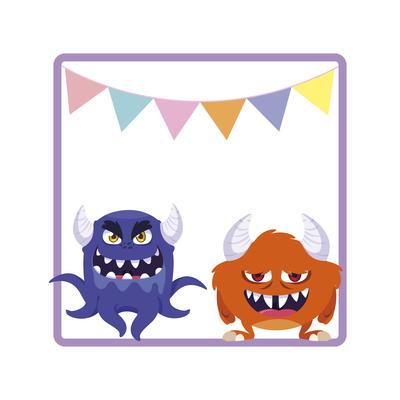 square frame with funny monsters and garlands hanging