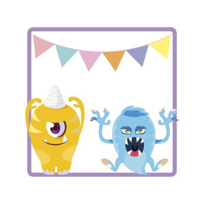 square frame with funny monsters and garlands hanging