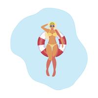 mujer con traje de baño y salvavidas flotando en el agua vector