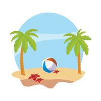 Playa de verano con palmeras y globo de juguete. vector