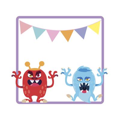 square frame with funny monsters and garlands hanging