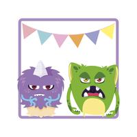 square frame with funny monsters and garlands hanging vector