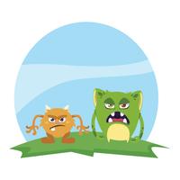 funny monsters couple in the field characters colorful vector