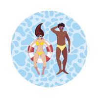 Pareja interracial con traje de baño flotando en el agua vector