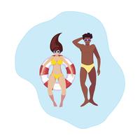 Pareja interracial con traje de baño y flotador en agua. vector