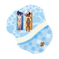 beautiful interracial girls with float mattress in water vector