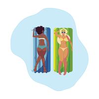 Hermosas chicas interraciales con colchón flotador en agua. vector