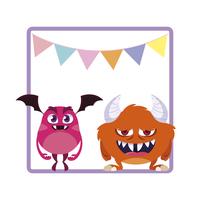 square frame with funny monsters and garlands hanging vector