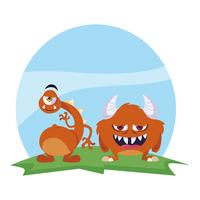 funny monsters couple in the field characters colorful vector