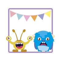 square frame with funny monsters and garlands hanging vector