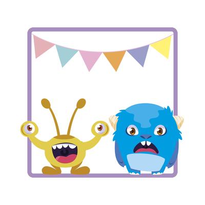 square frame with funny monsters and garlands hanging