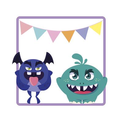 square frame with funny monsters and garlands hanging