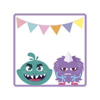 square frame with funny monsters and garlands hanging vector