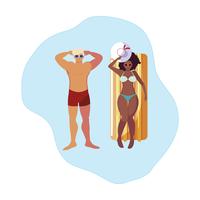 interracial couple with float mattress in water vector