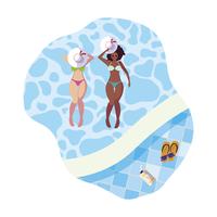 Pareja interracial de chicas con bañadores flotando en la piscina. vector