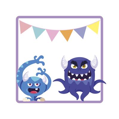 square frame with funny monsters and garlands hanging