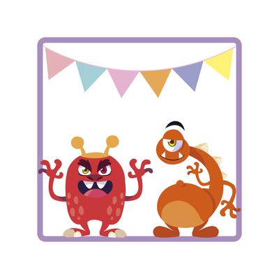 square frame with funny monsters and garlands hanging