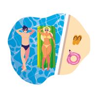 young couple with float mattress in pool vector