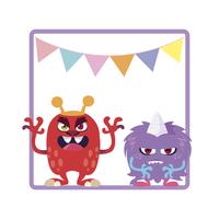 square frame with funny monsters and garlands hanging vector