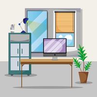 office with desk and accessories flat to work vector