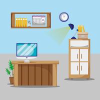 office with desk and accessories flat to work vector