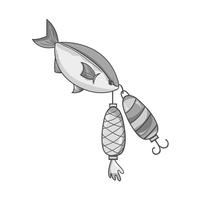 grayscale fish bitting spinner object to catch it vector