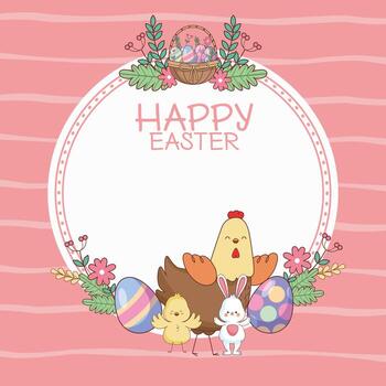 Happy easter round frame with cartoons vector