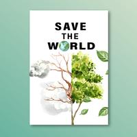 El calentamiento global y la contaminación. Campaña publicitaria de folletos de folletos publicitarios, guardar el diseño de la plantilla del mundo, diseño de ilustración vectorial acuarela creativa vector