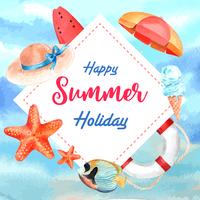 Viaje en vacaciones de verano a la playa Palmera marco de vacaciones guirnalda, mar y cielo luz solar, acuarela creativa vector ilustración diseño