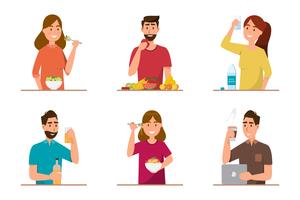 people eating healthy food and fast food in different character