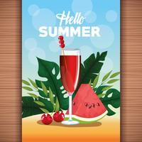 Hello summer card poster with cartoons vector