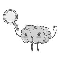 grayscale kawaii happy brain with magnifying glass vector