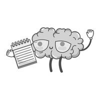 grayscale kawaii happy brain with notebook tool vector