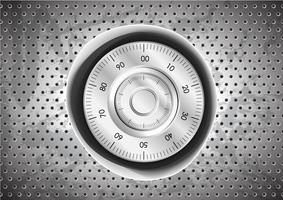 Safe lock button inside circle holes on grunge stainless steel background vector