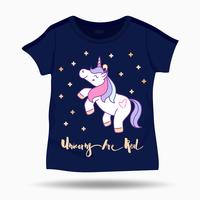 Little funny unicorn illustration on T Shirt kids template. Vector illustration