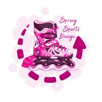 Patines para la niña. Patrón femenino de primavera. Estilo deportivo. El emblema con una inscripción y un fondo de flores.