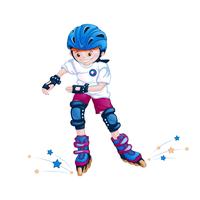 Niño adolescente de patinaje sobre ruedas en casco, coderas y rodilleras. Personaje infantil de dibujos animados de deportes. vector