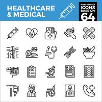 Sanidad y medicina iconos de píxel perfecto base en 64PX. Estilo de esquema vector