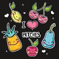 conjunto tropical kawaii parches frutas diseño vector