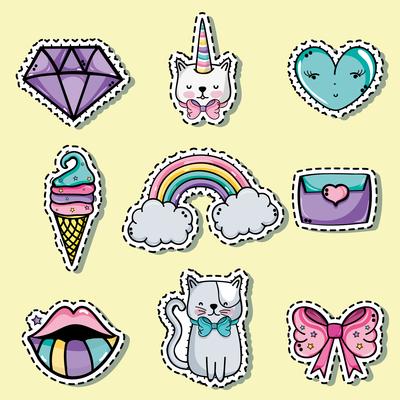 Vector Illustration Of Fashion Cute Patches For Girls Embroidery