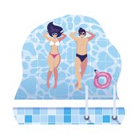 young couple with swimsuit floating in pool vector