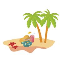 Escena de playa de verano con palmeras y sombrero de paja vector