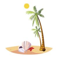 Playa de verano con escena de palmeras y conchas. vector