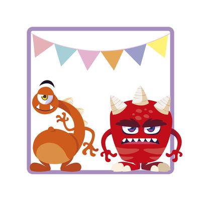 square frame with funny monsters and garlands hanging