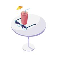 Mesa con jugo de coctel de frutas y gafas de sol. vector