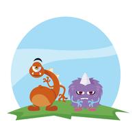 funny monsters couple in the field characters colorful vector