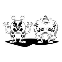 divertidos monstruos pareja comic personajes monocromo vector