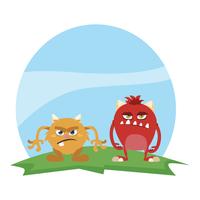 funny monsters couple in the field characters colorful vector