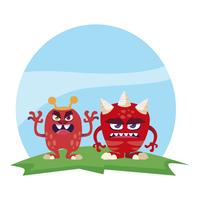 funny monsters couple in the field characters colorful vector